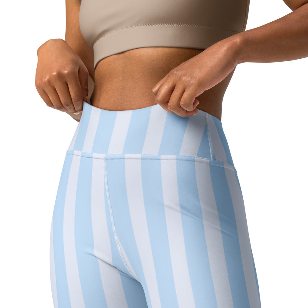 Women’s light blue and white striped high-waisted buttery soft yoga leggings shown from the back