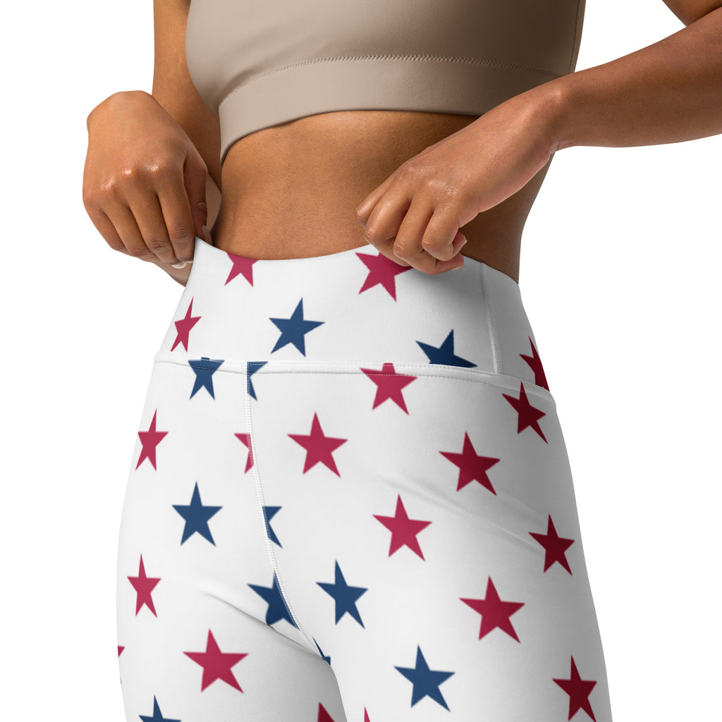 White high-waisted buttery soft yoga leggings with a red and blue star pattern for women