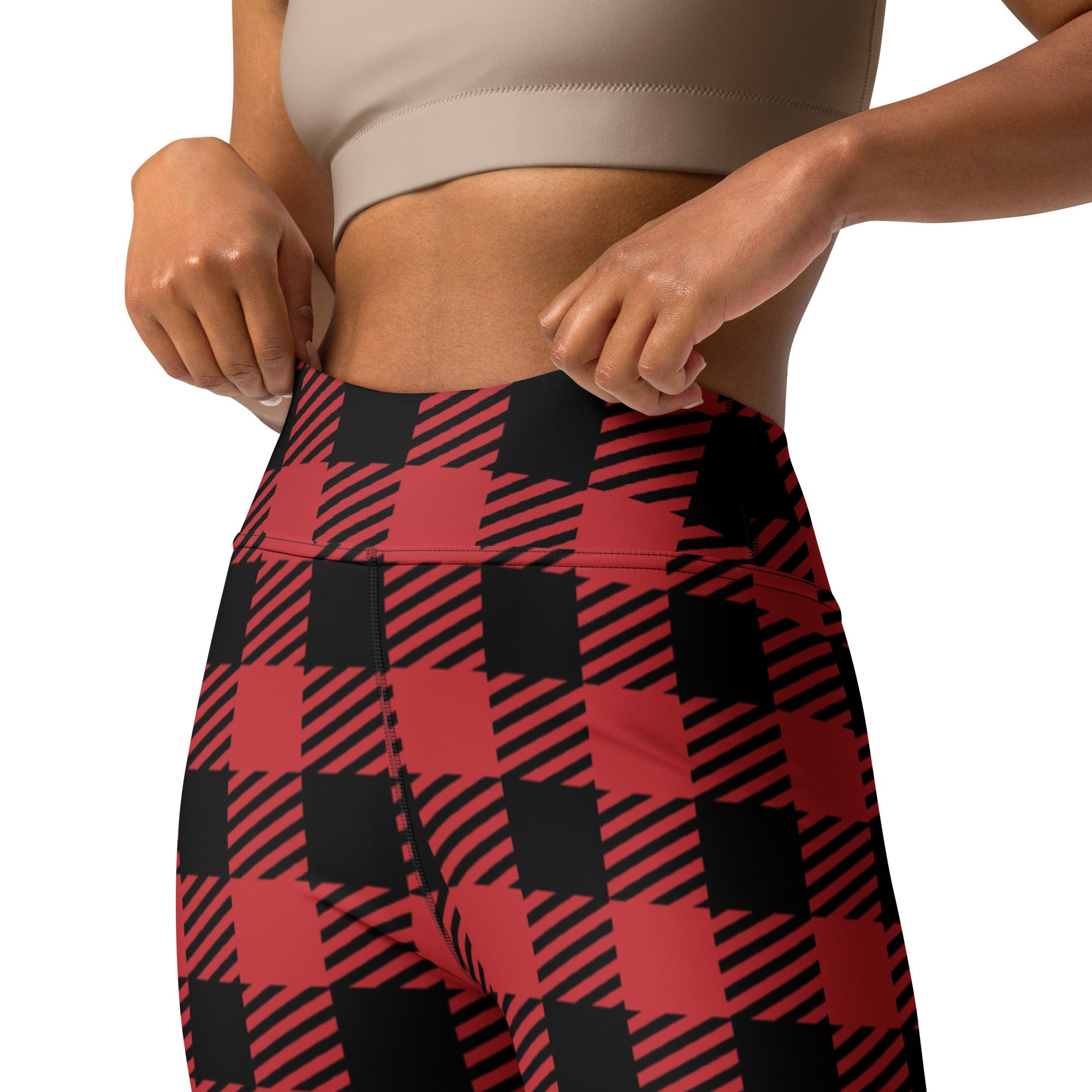 Women’s red buffalo plaid high-waisted buttery soft yoga leggings with a red and black pattern