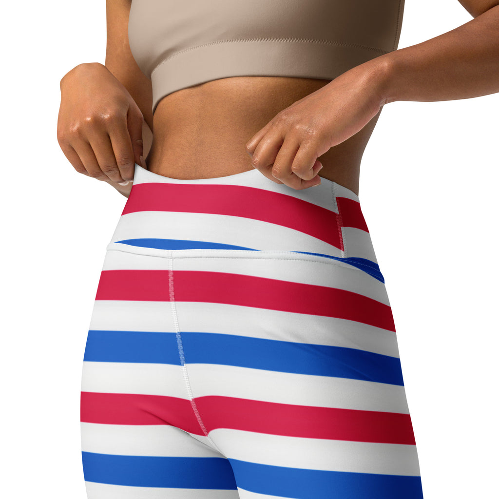 High-waisted women’s buttery soft yoga leggings with bold red white and blue horizontal stripes for 4th of July