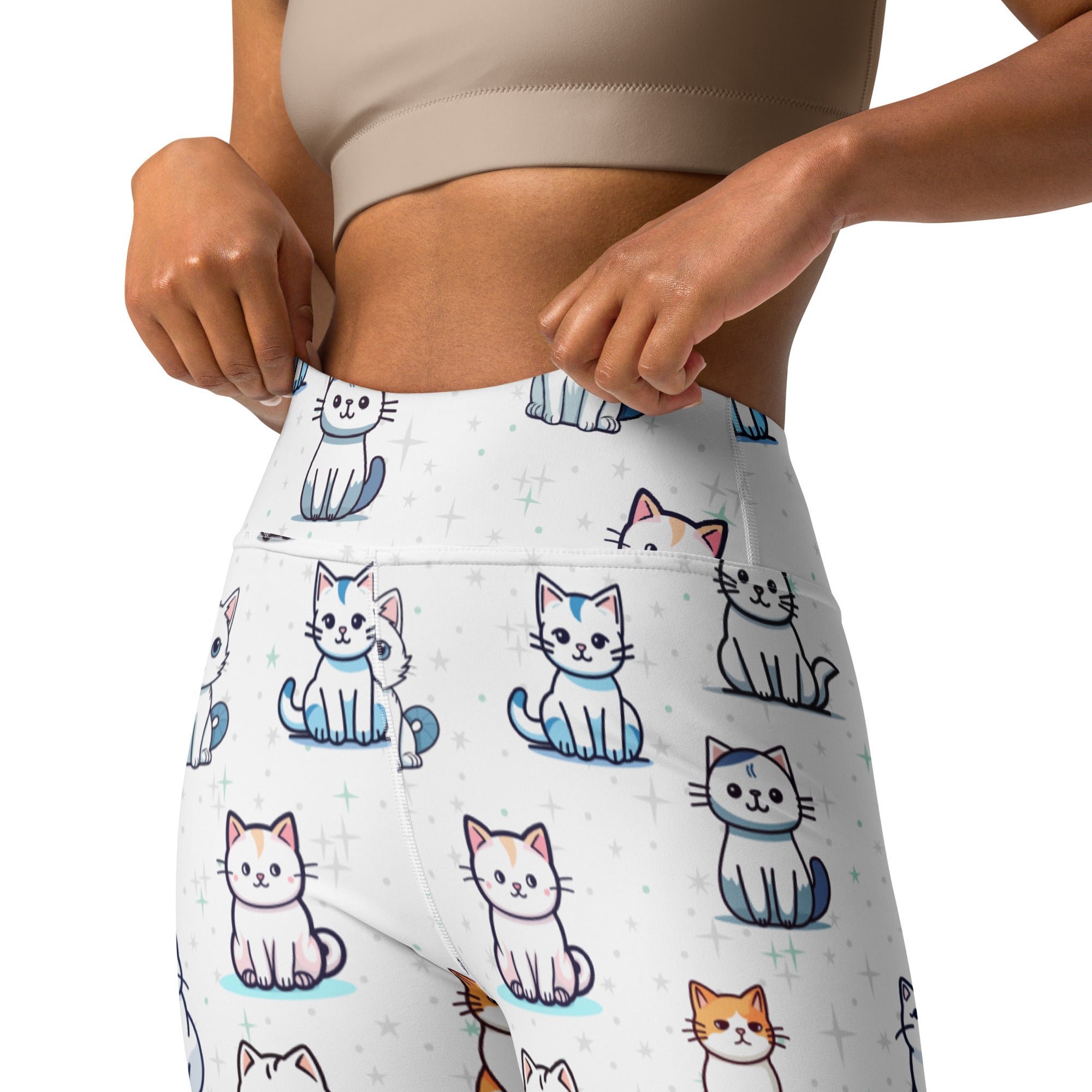 White high-waisted buttery soft yoga leggings with colorful cartoon cat pattern for women
