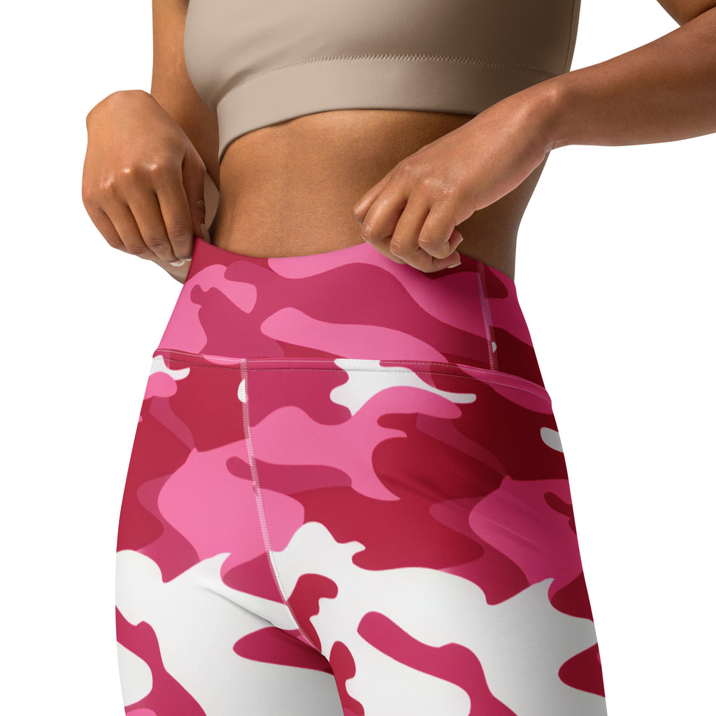 Women’s pink and white camouflage high-waisted buttery soft yoga leggings showing front view