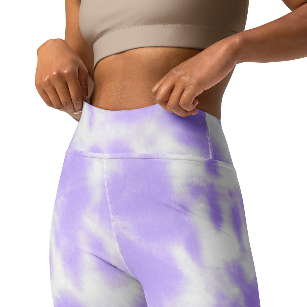 Women’s purple and white tie dye high waisted buttery soft yoga leggings shown from the front view