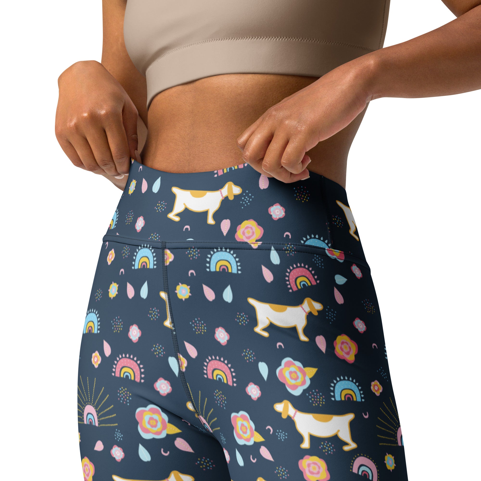 Dark blue high waisted buttery soft yoga leggings with playful white and tan corgi dogs rainbows and flowers pattern
