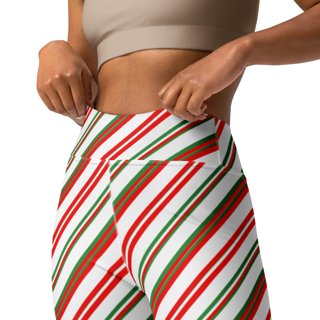 Women’s candy cane stripe buttery soft high-waisted yoga leggings with red green and white diagonal stripes