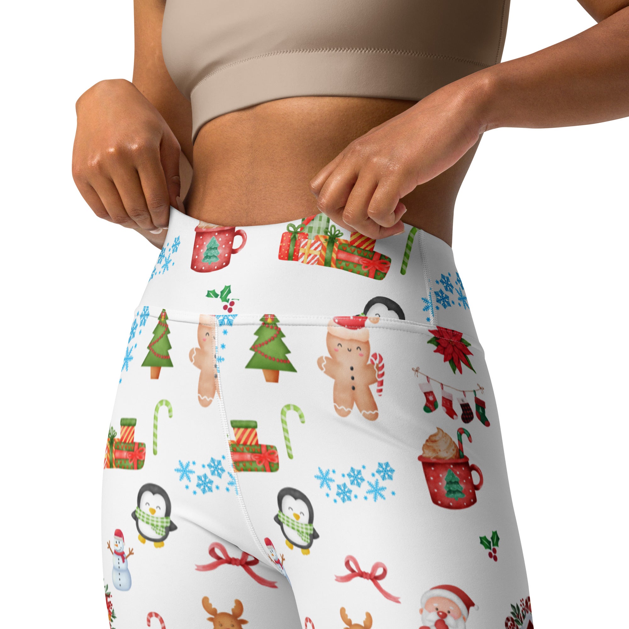 Women’s white christmas buttery soft yoga leggings with festive gingerbread men penguins candy canes and snowflakes