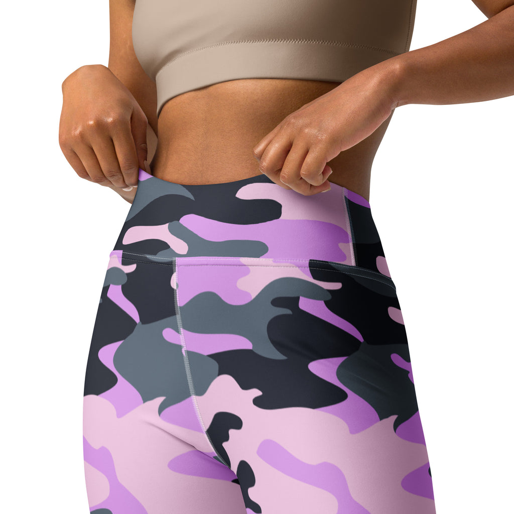 Women’s purple and black camouflage high-waisted buttery soft yoga leggings shown from the back side