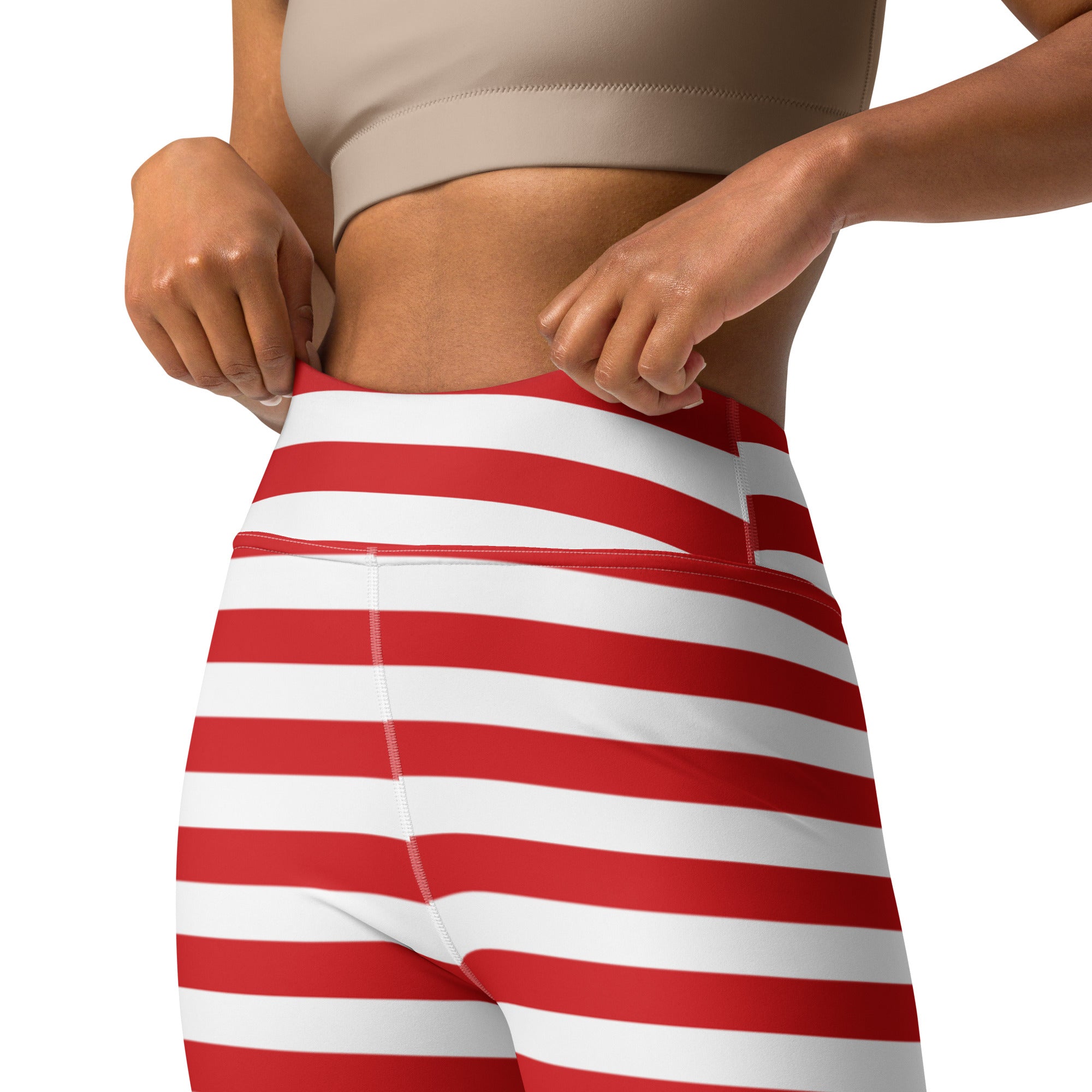 Women’s red and white striped high-waisted buttery soft yoga leggings shown from the back side