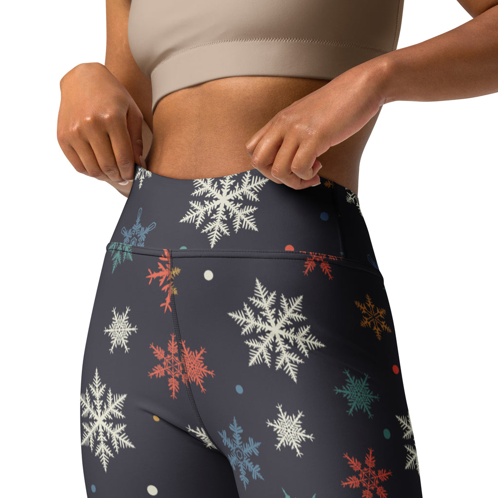 Dark gray high-waisted buttery soft yoga leggings with white red and teal snowflake pattern for winter women