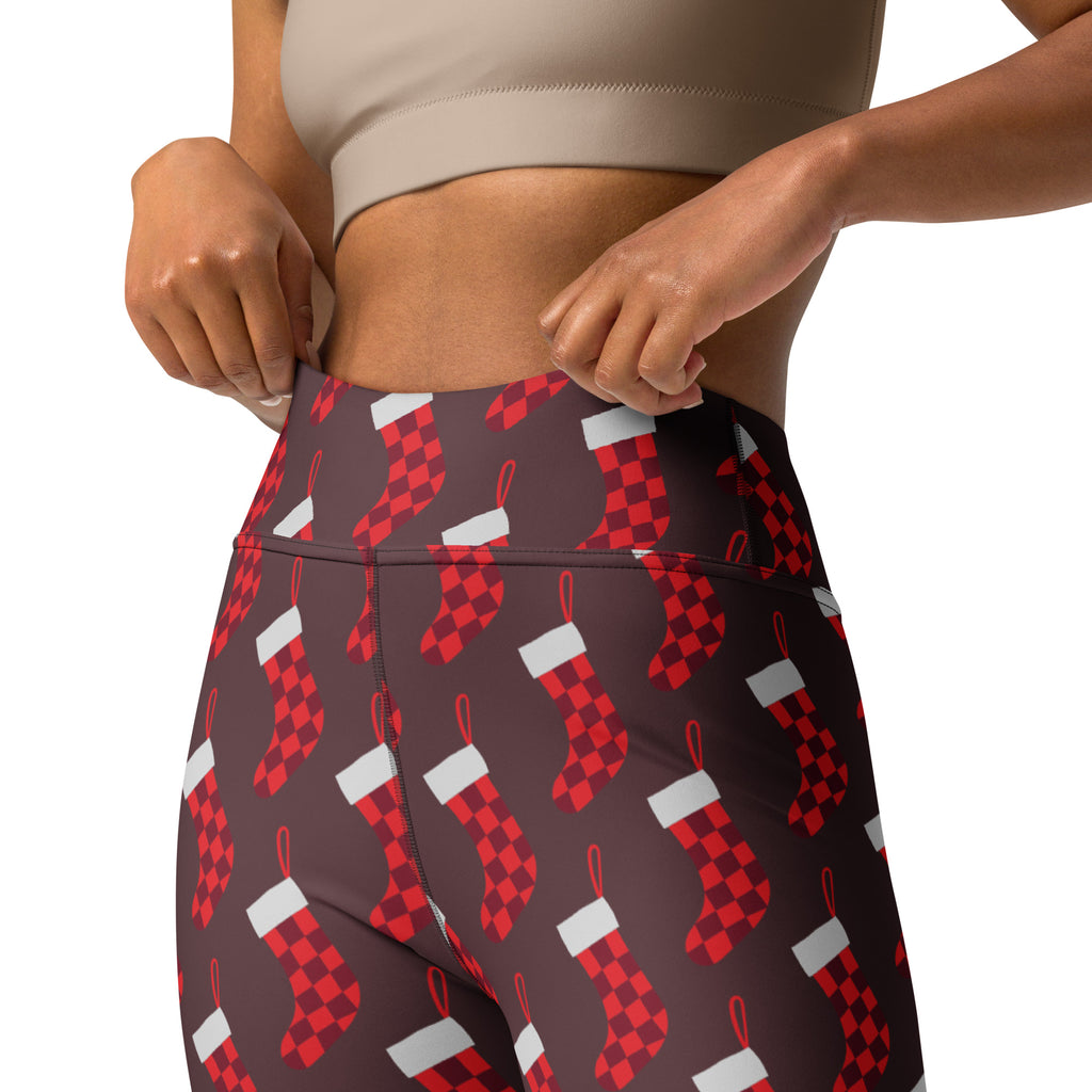 Women’s christmas stocking buttery soft yoga leggings in red and white checkered pattern with high waist