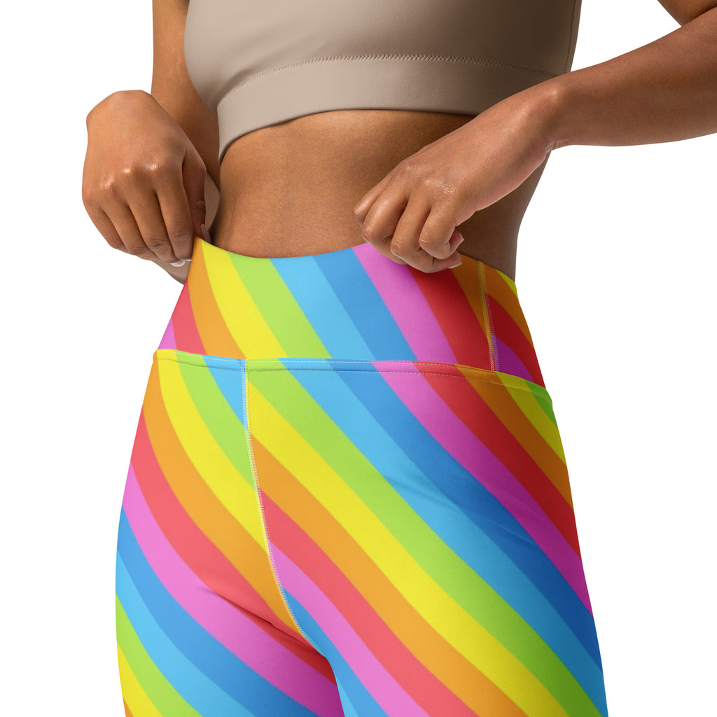 Women’s rainbow stripe buttery soft yoga leggings with vibrant neon diagonal pattern and high waisted quick drying comfort