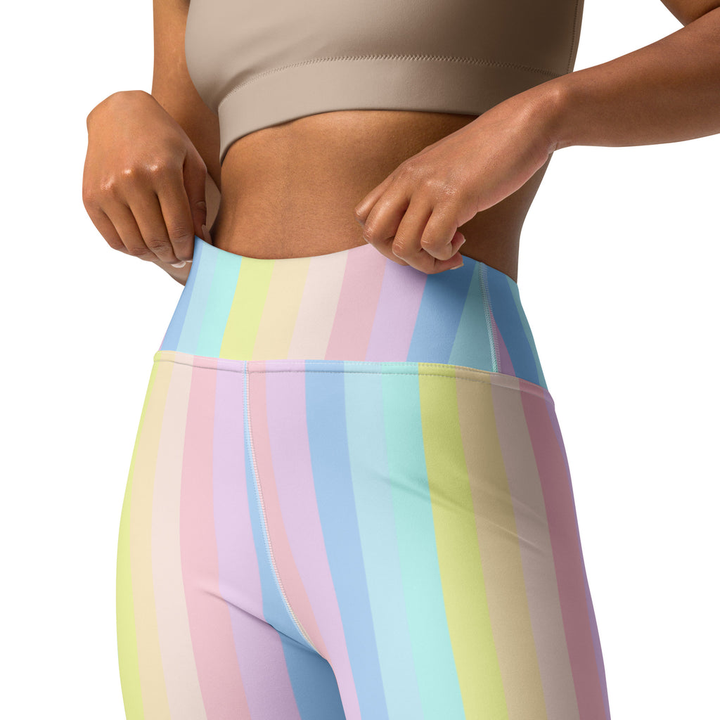 Women’s pastel rainbow stripe high waisted buttery soft quick drying yoga leggings shown from the back