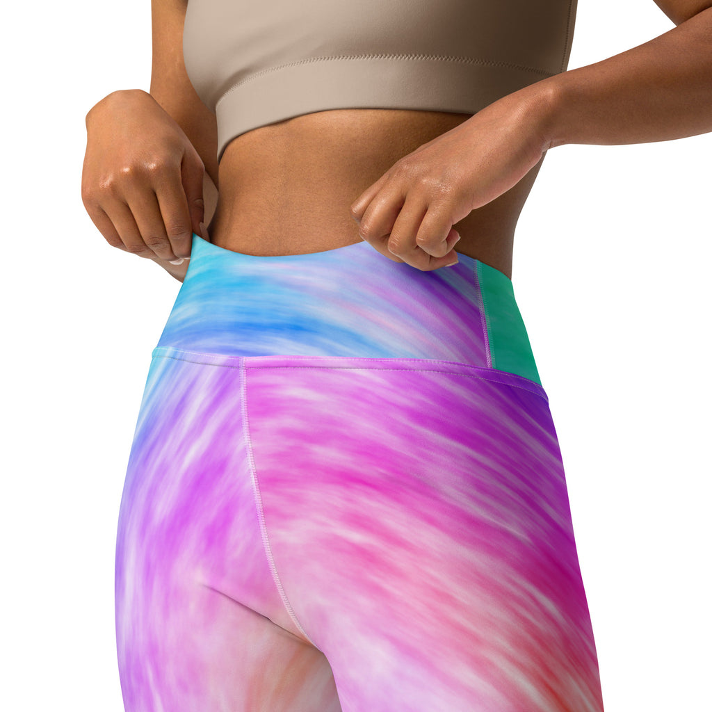 High waisted women’s rainbow tie dye buttery soft yoga leggings in vibrant pink purple blue and teal quick drying fabric