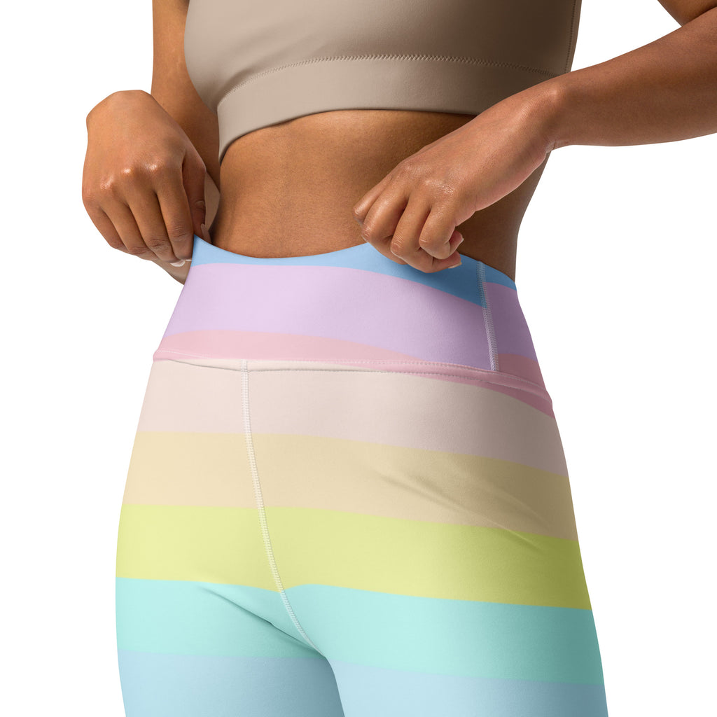 Women’s pastel rainbow stripe high waisted buttery soft yoga leggings designed for quick drying and comfort