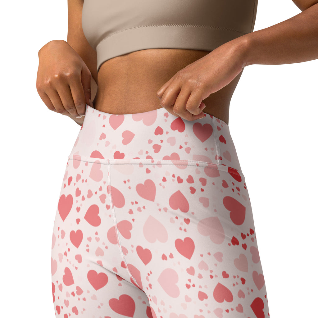 White high waisted buttery soft yoga leggings with pink and red heart pattern quick drying comfort