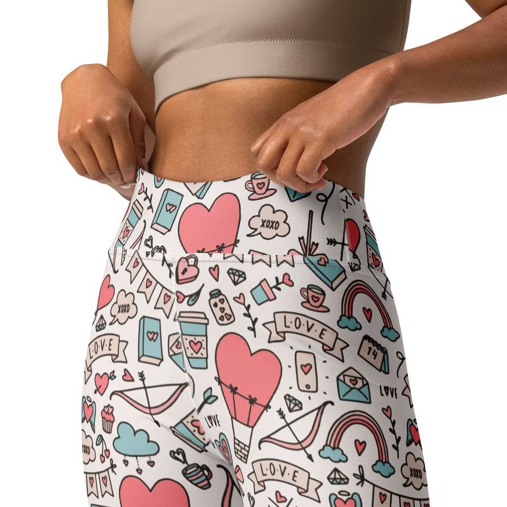 White high-waisted buttery soft yoga leggings with colorful pink hearts rainbows love doodle pattern for valentine’s day