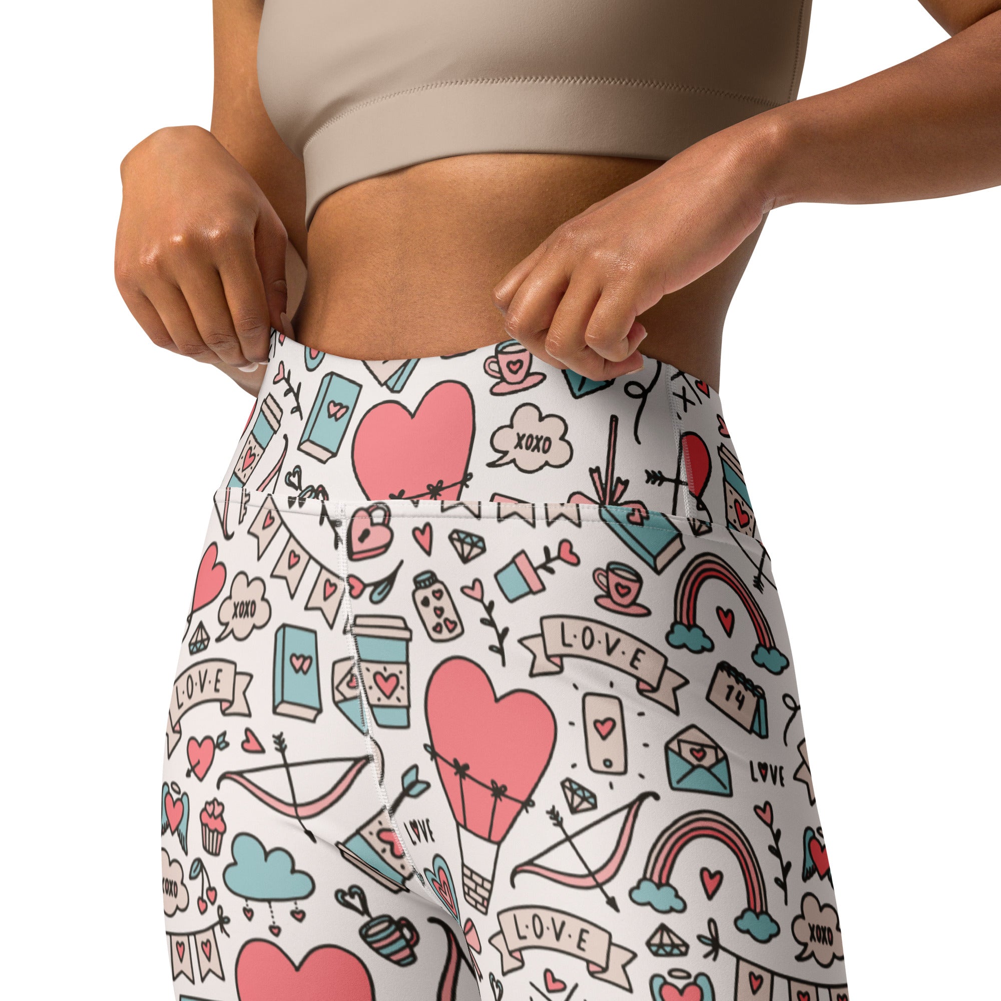 White high-waisted buttery soft yoga leggings with colorful pink hearts rainbows love doodle pattern for valentine’s day