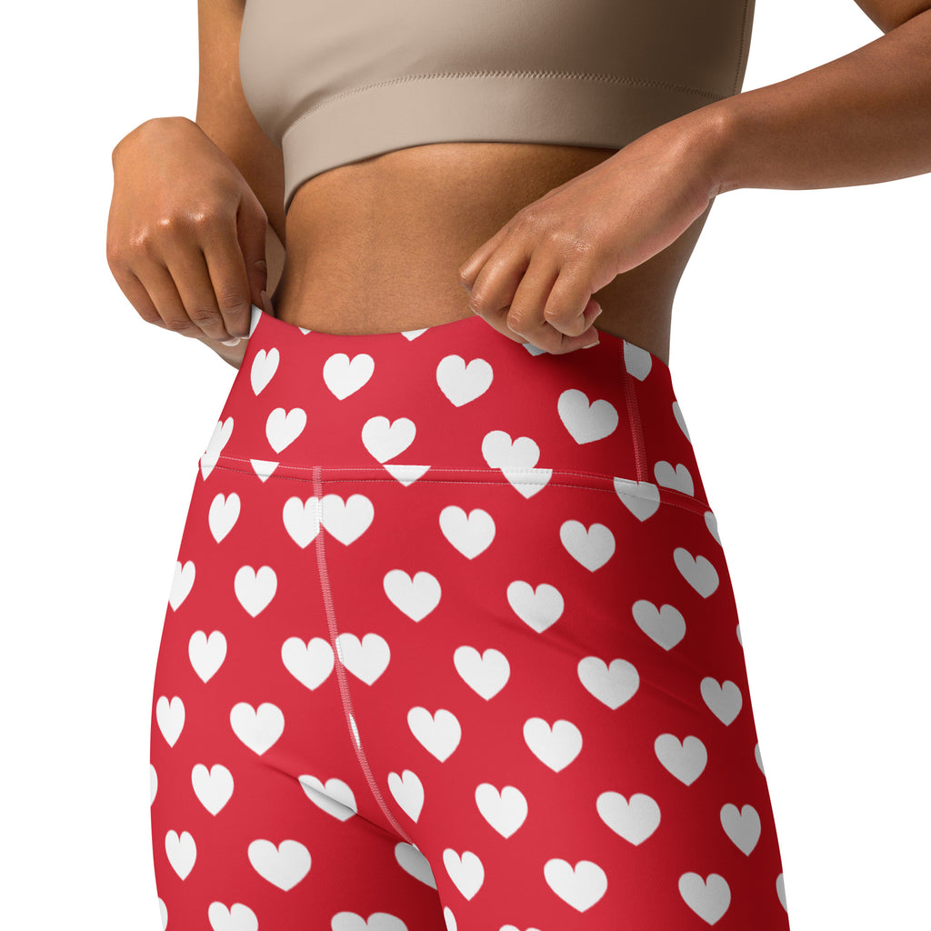 Women’s red high waisted buttery soft yoga leggings with white heart pattern quick drying comfort