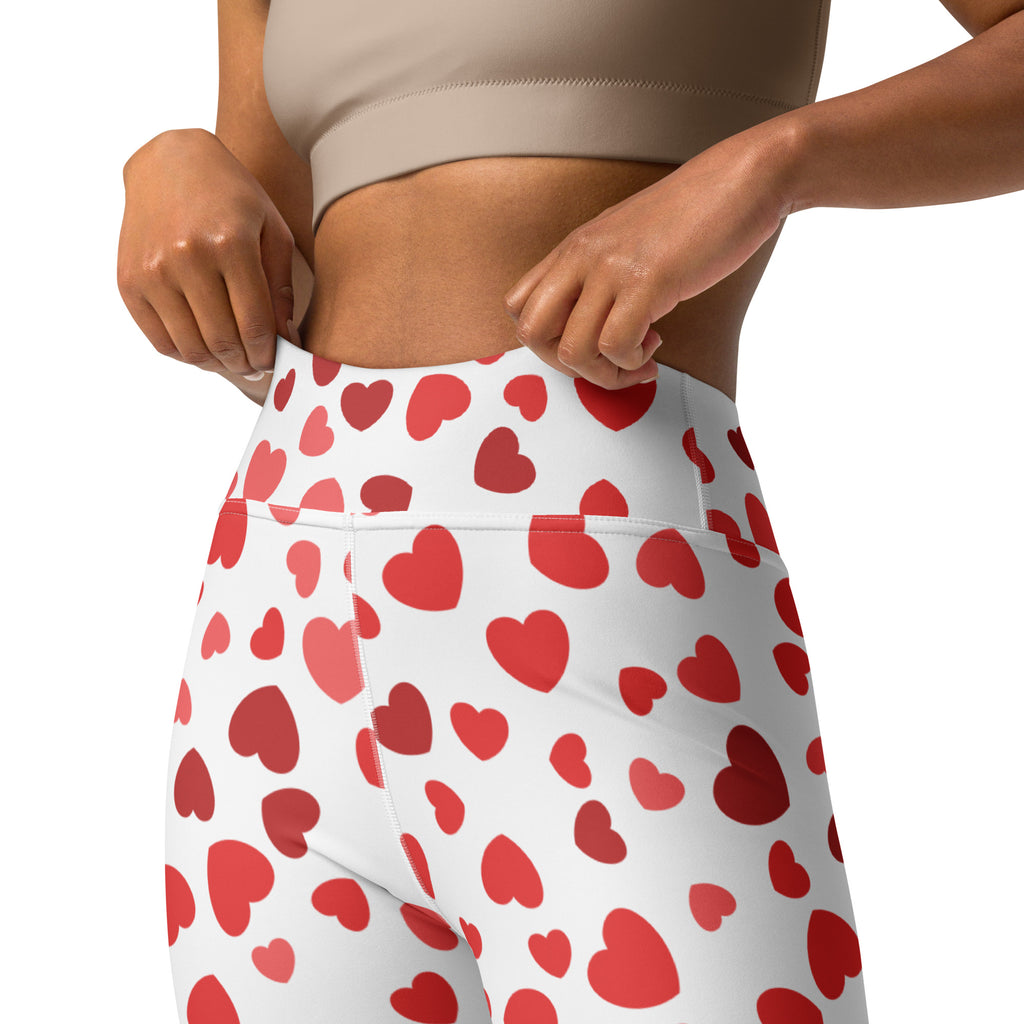 Women’s white high waisted buttery soft yoga leggings with red hearts quick drying and comfortable fit