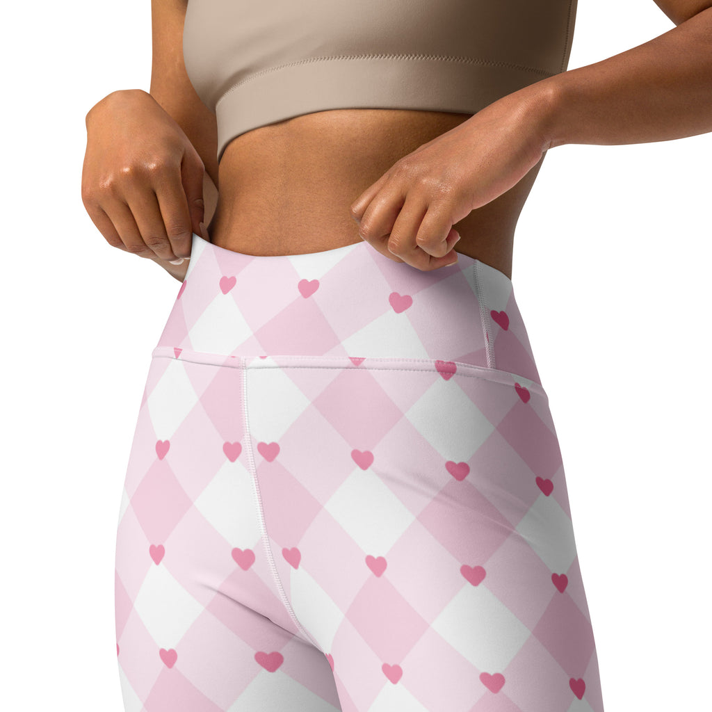Women’s pink and white argyle high waisted buttery soft yoga leggings with small heart motifs quick drying comfort