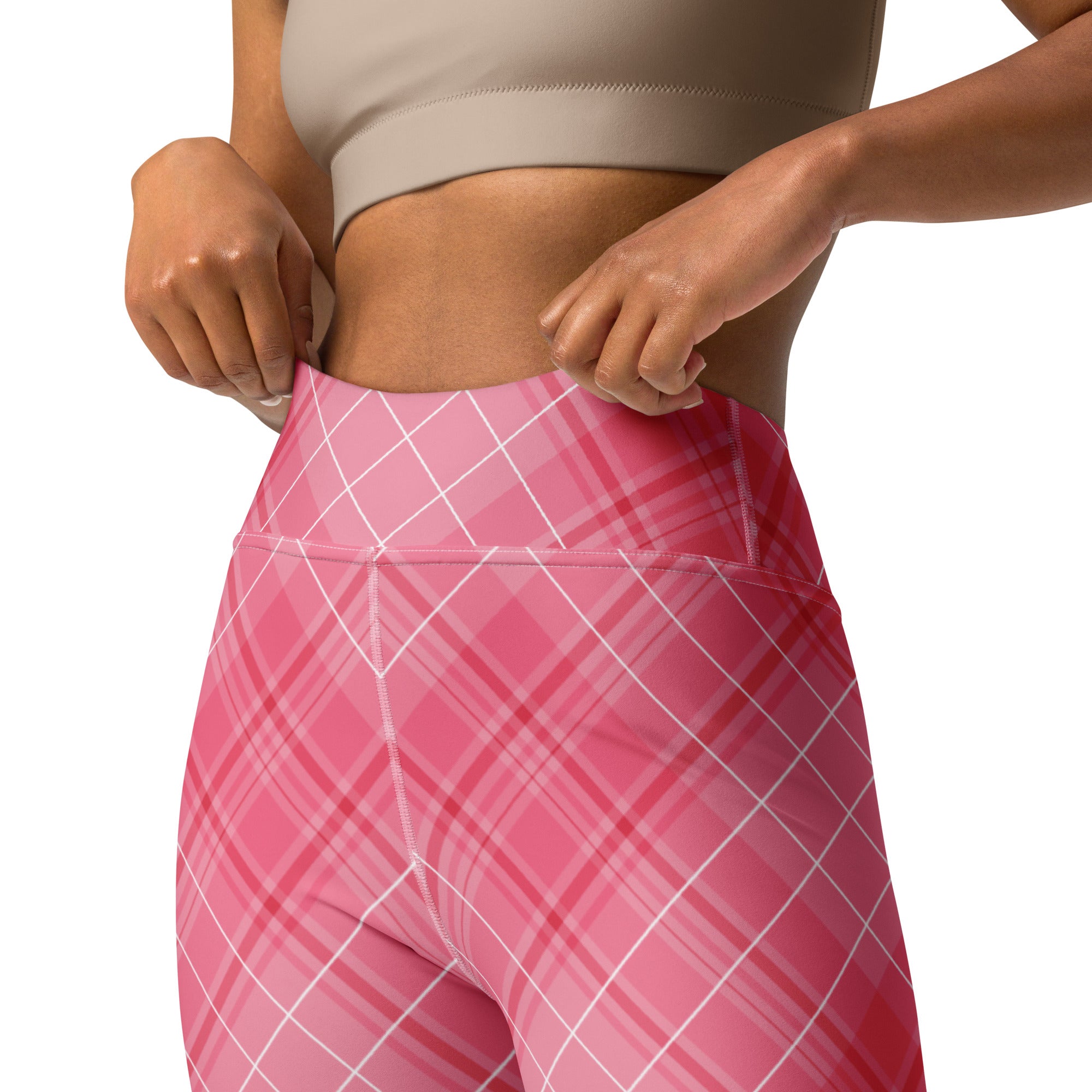 Women’s pink plaid high waisted buttery soft yoga leggings with gradient and quick drying fabric for comfort