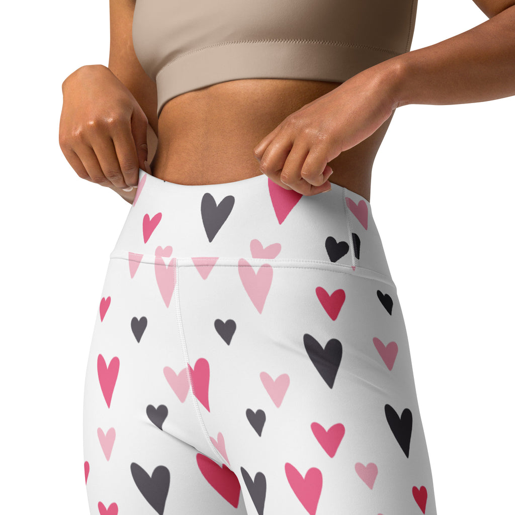 Women’s white high waisted buttery soft yoga leggings with pink black and dark gray heart pattern quick drying