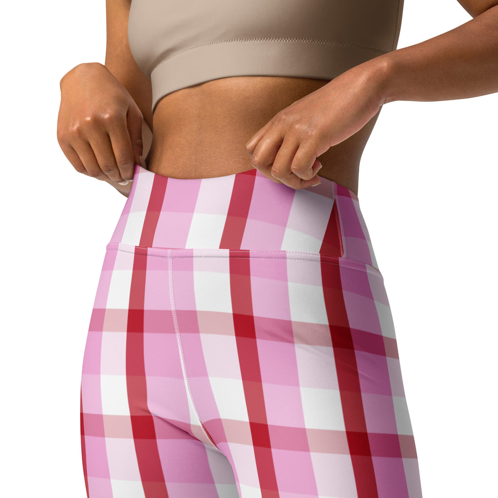 Women’s pink and white plaid high waisted buttery soft yoga leggings with snug stretchy fit and quick drying fabric