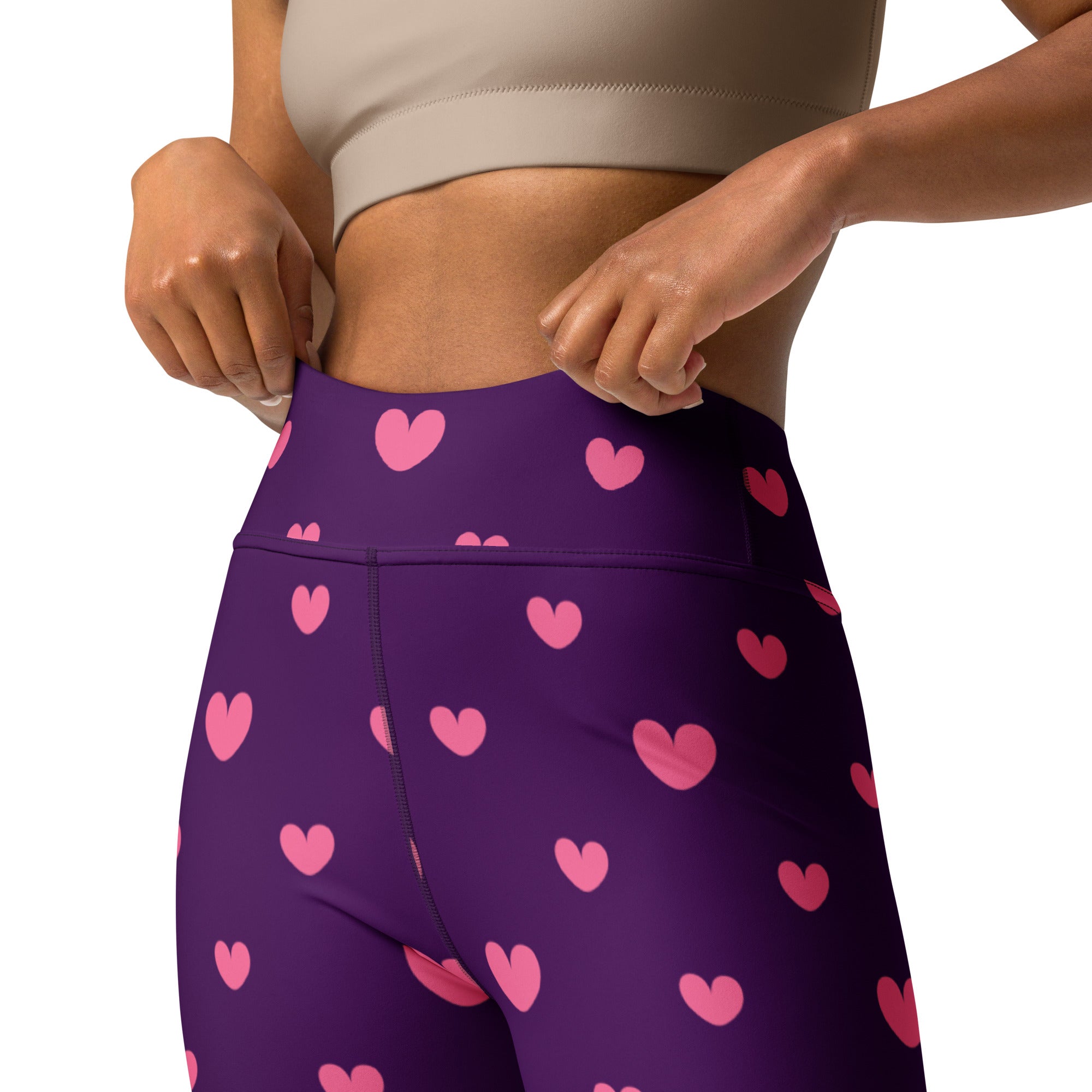 Women’s purple high waisted quick drying buttery soft yoga leggings with pink heart pattern for valentine’s day
