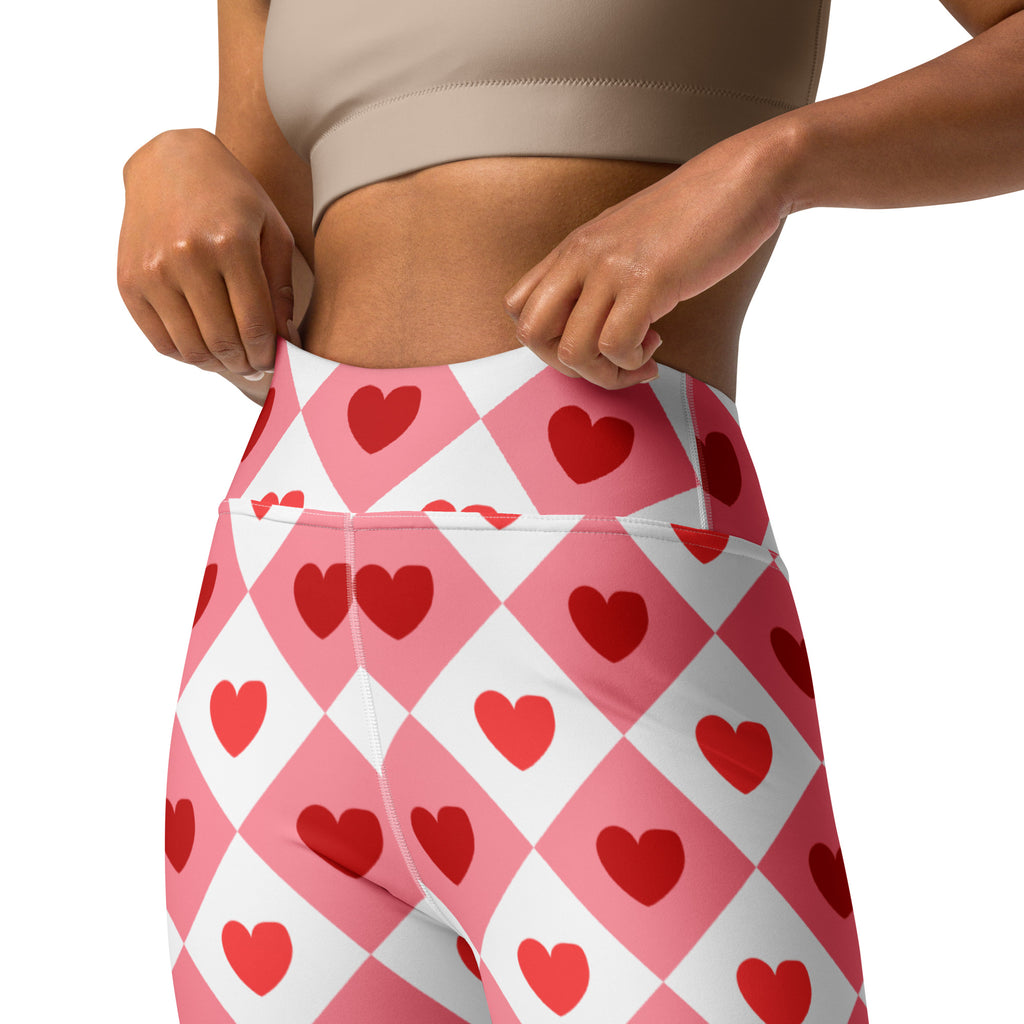 Women’s pink and white diamond heart buttery soft yoga leggings with quick drying high waisted comfort