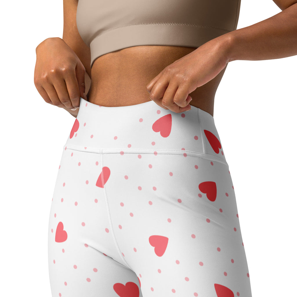White high waisted buttery soft yoga leggings with red hearts and pink polka dots quick drying comfort