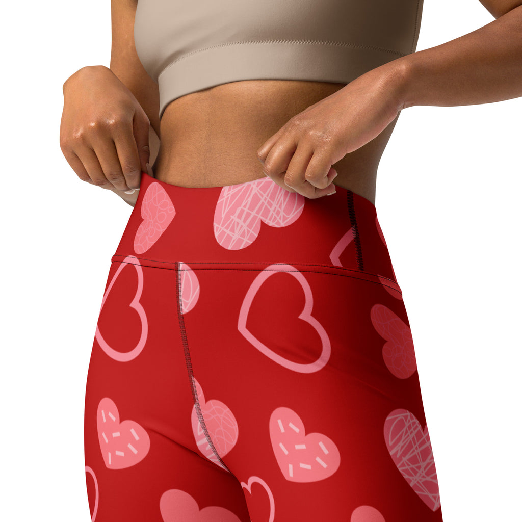 Women’s red high waisted buttery soft yoga leggings with pink heart patterns quick drying comfort