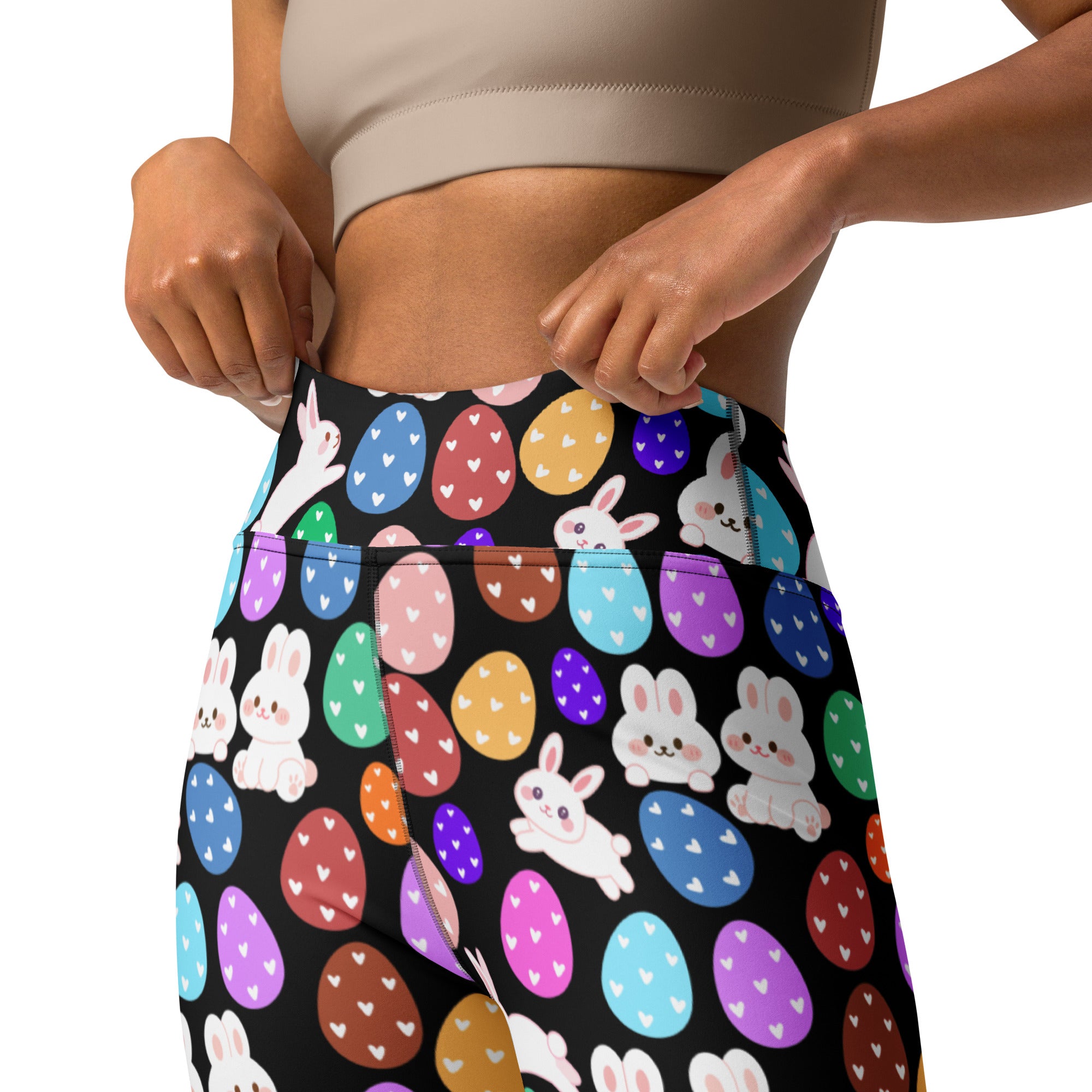 Black high-waisted buttery soft women’s leggings with colorful easter eggs and white bunnies for yoga and quick drying