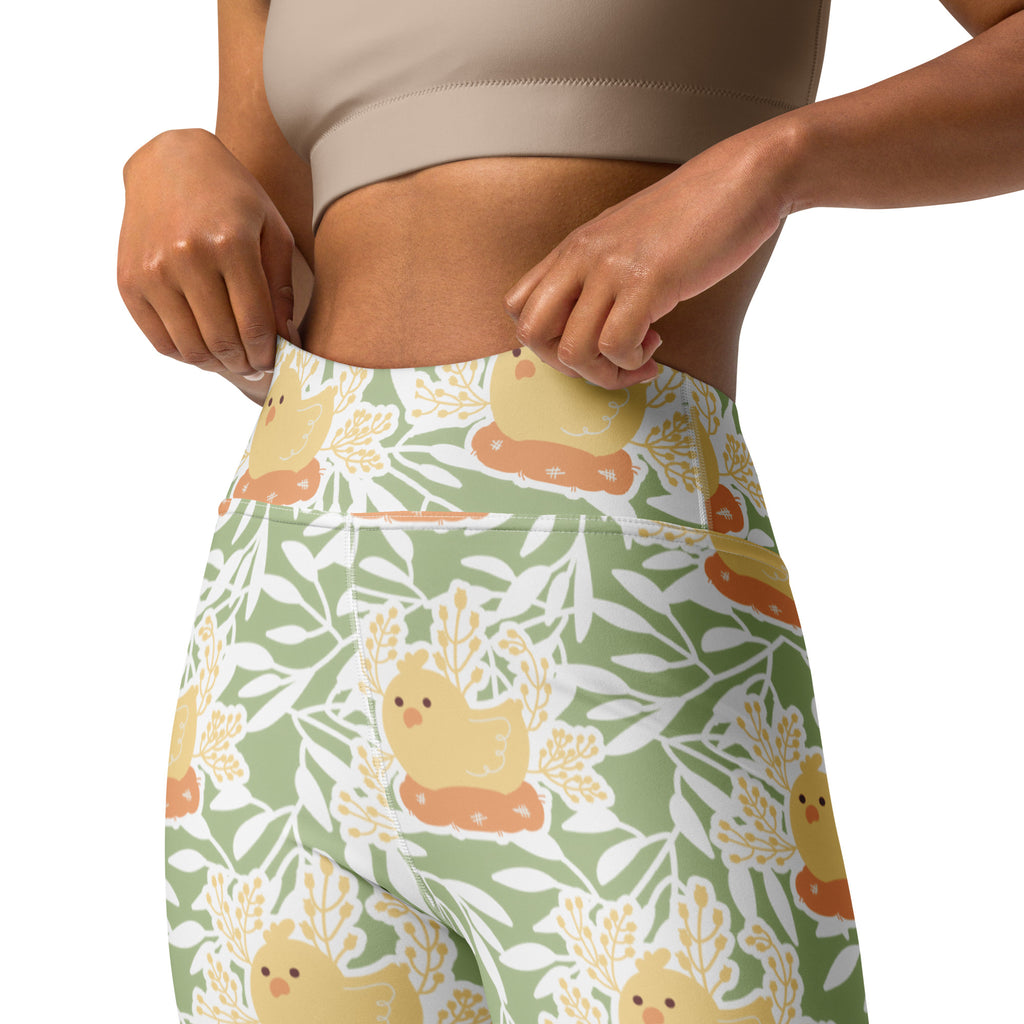 Women’s spring chick buttery soft high waisted yoga leggings with yellow chick pattern on sage quick drying fabric