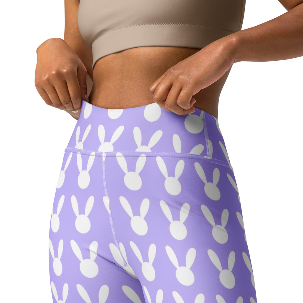 Women’s lavender high waisted yoga leggings with white bunny print made of buttery soft quick drying fabric