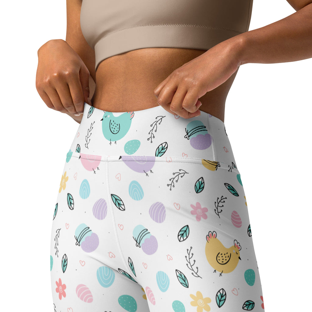 White high waisted buttery soft yoga leggings with pastel chick and easter egg print quick drying comfort