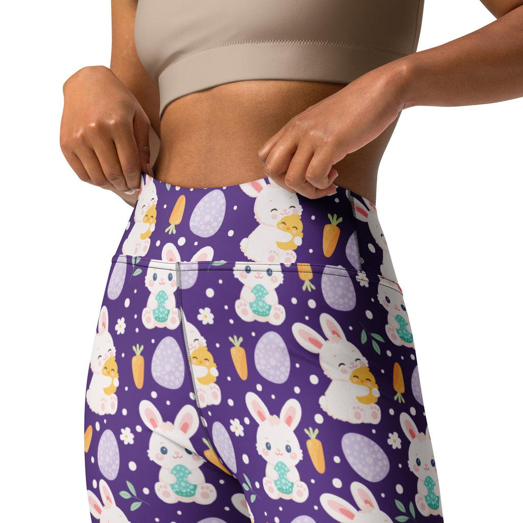 Women’s purple high waisted buttery soft yoga leggings with white bunnies carrots and pastel eggs pattern