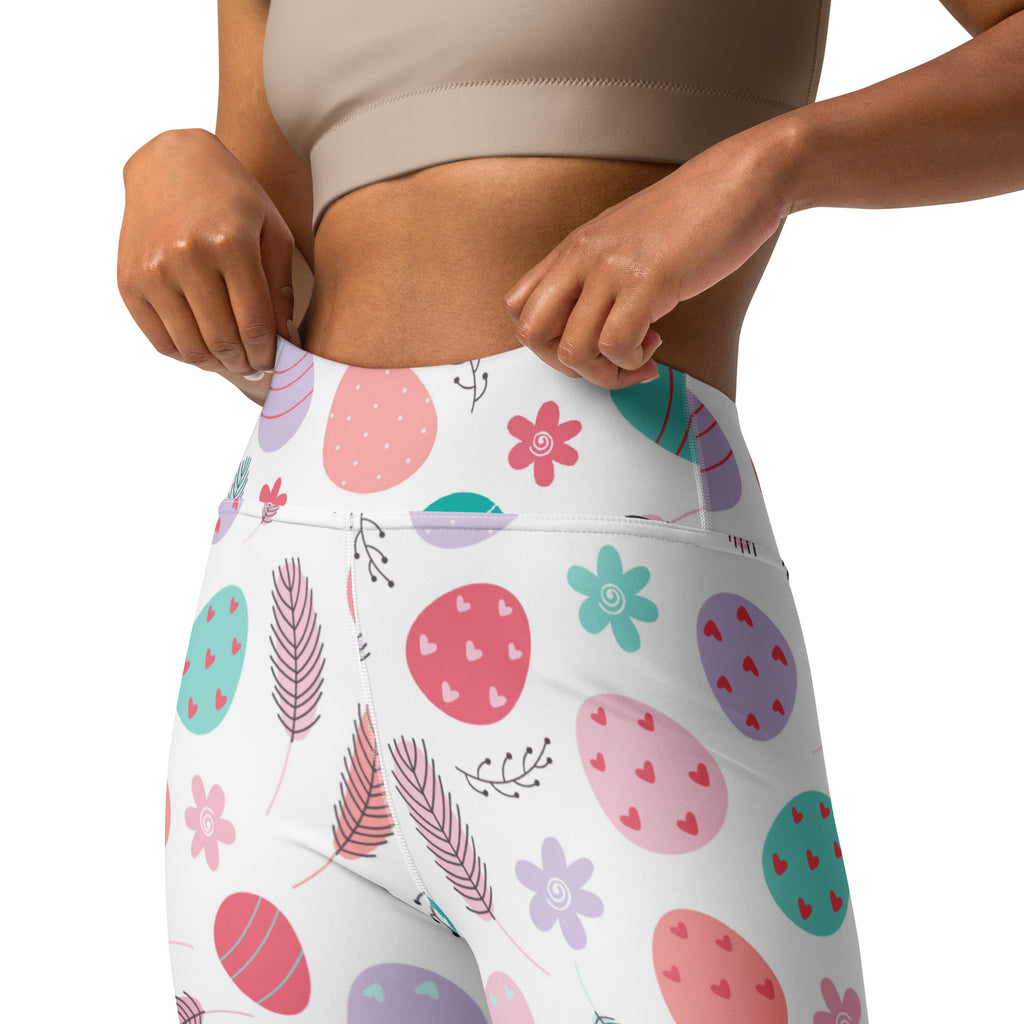 White high waisted buttery soft yoga leggings with pastel easter egg floral and feather pattern for quick drying comfort