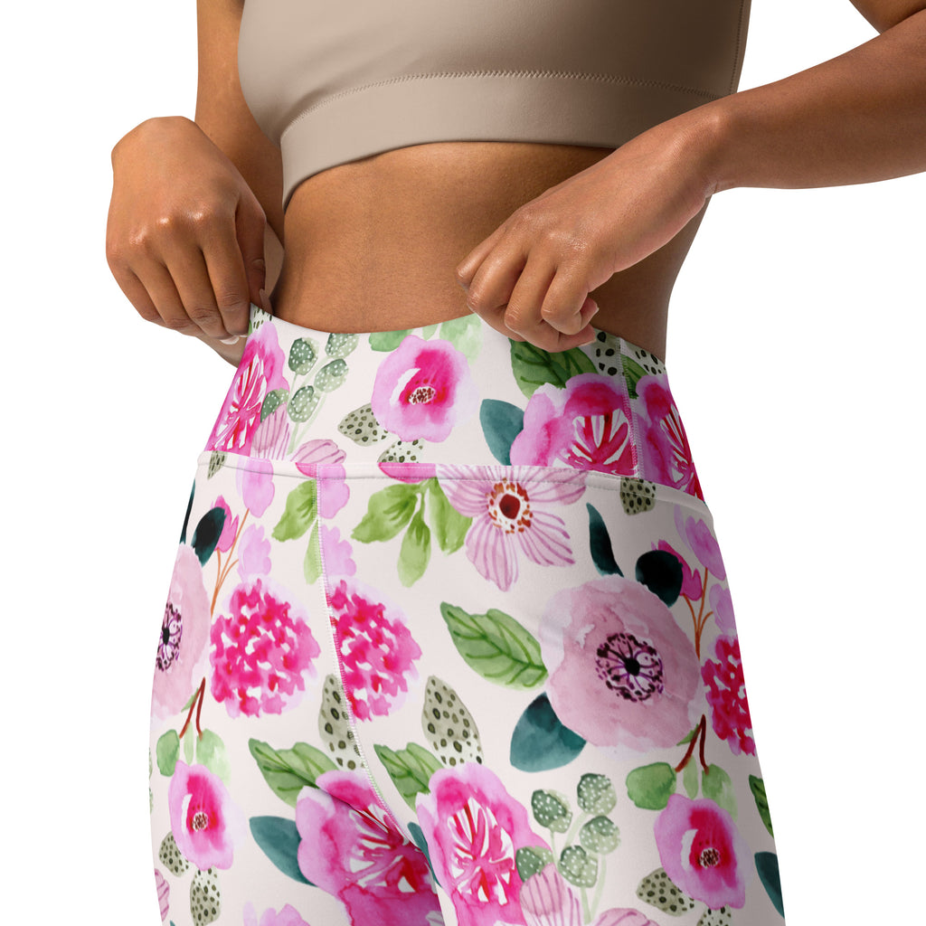 Women's Pink Watercolor Floral Buttery Soft Yoga Leggings - Quick Drying, High Waisted Comfort
