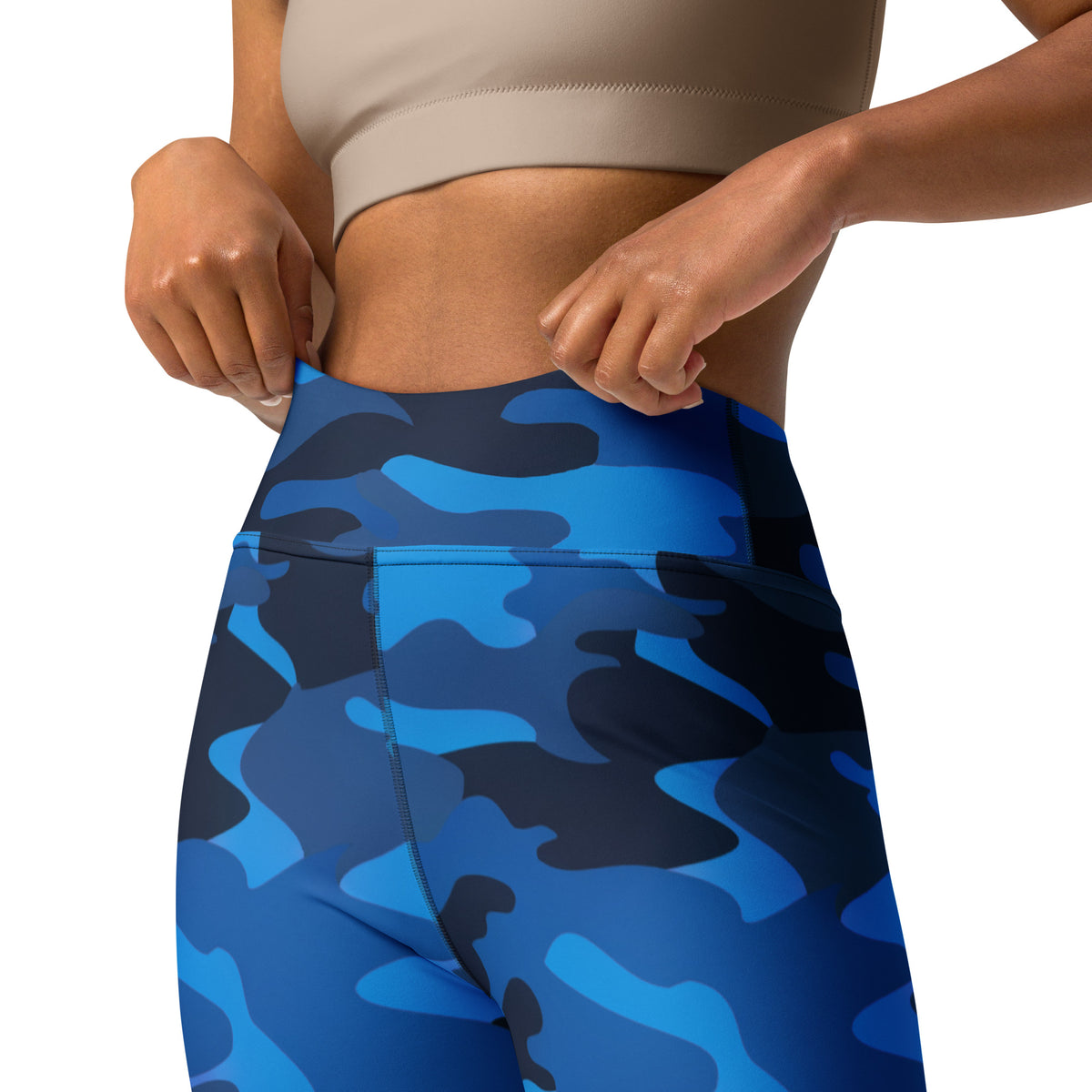 Women's Blue Camouflage Buttery Soft Yoga Leggings - Quick Drying, High Waisted Comfort