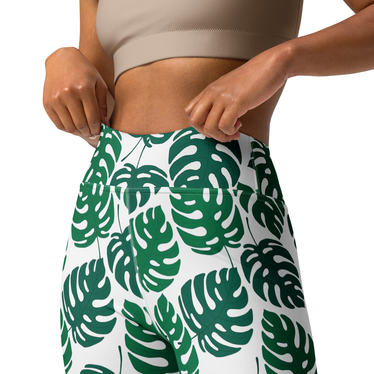 Women's Green Monstera Leaf Buttery Soft Yoga Leggings - Quick Drying, High Waisted Comfort