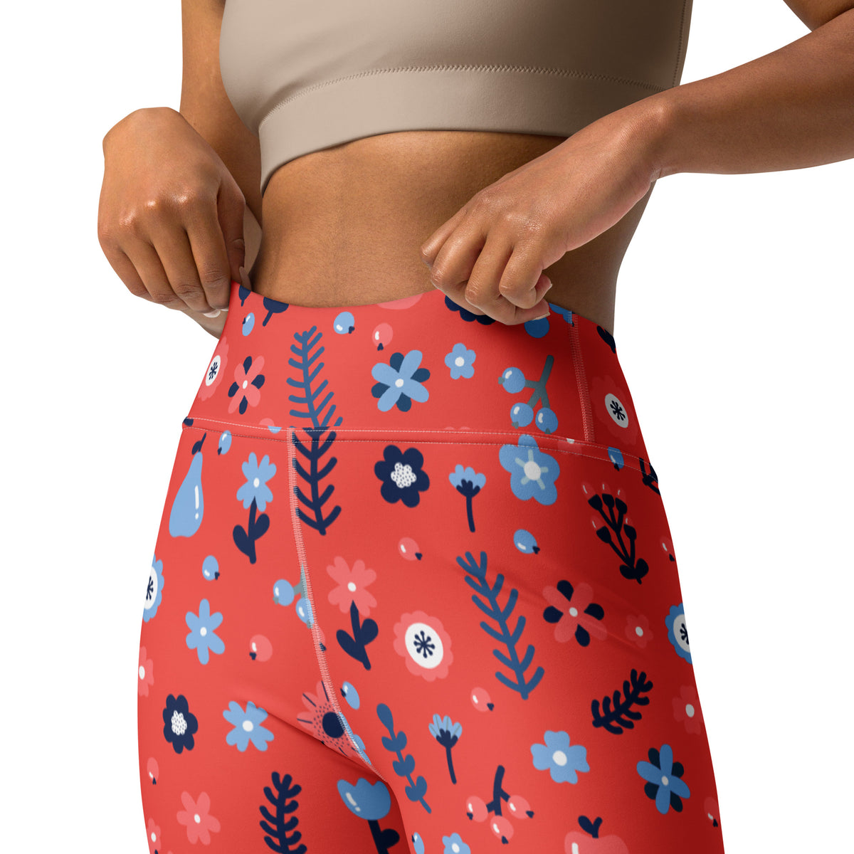 Women's Red Floral Buttery Soft Yoga Leggings - Quick Drying, High Waisted Comfort