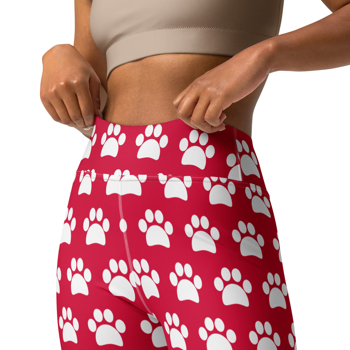 Women's Crimson Red Paw Print Buttery Soft Yoga Leggings - Quick Drying, High Waisted Comfort