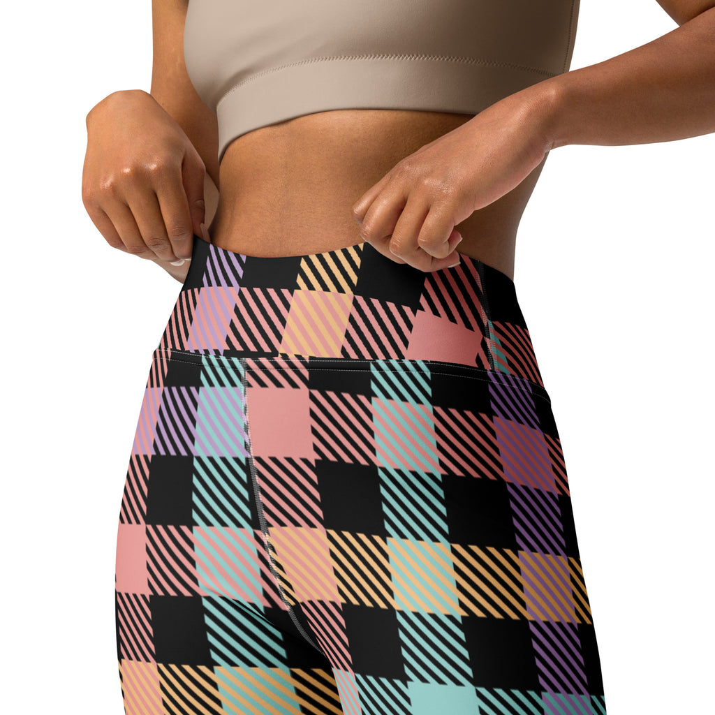 Women's Colorful Black Pastel Plaid Buttery Soft Yoga Leggings - Quick Drying, High Waisted Comfort