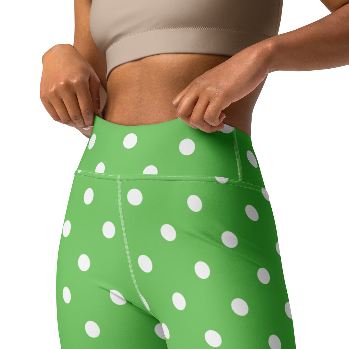 Women's Green Polka Dot Buttery Soft Yoga Leggings - Quick Drying, High Waisted Comfort