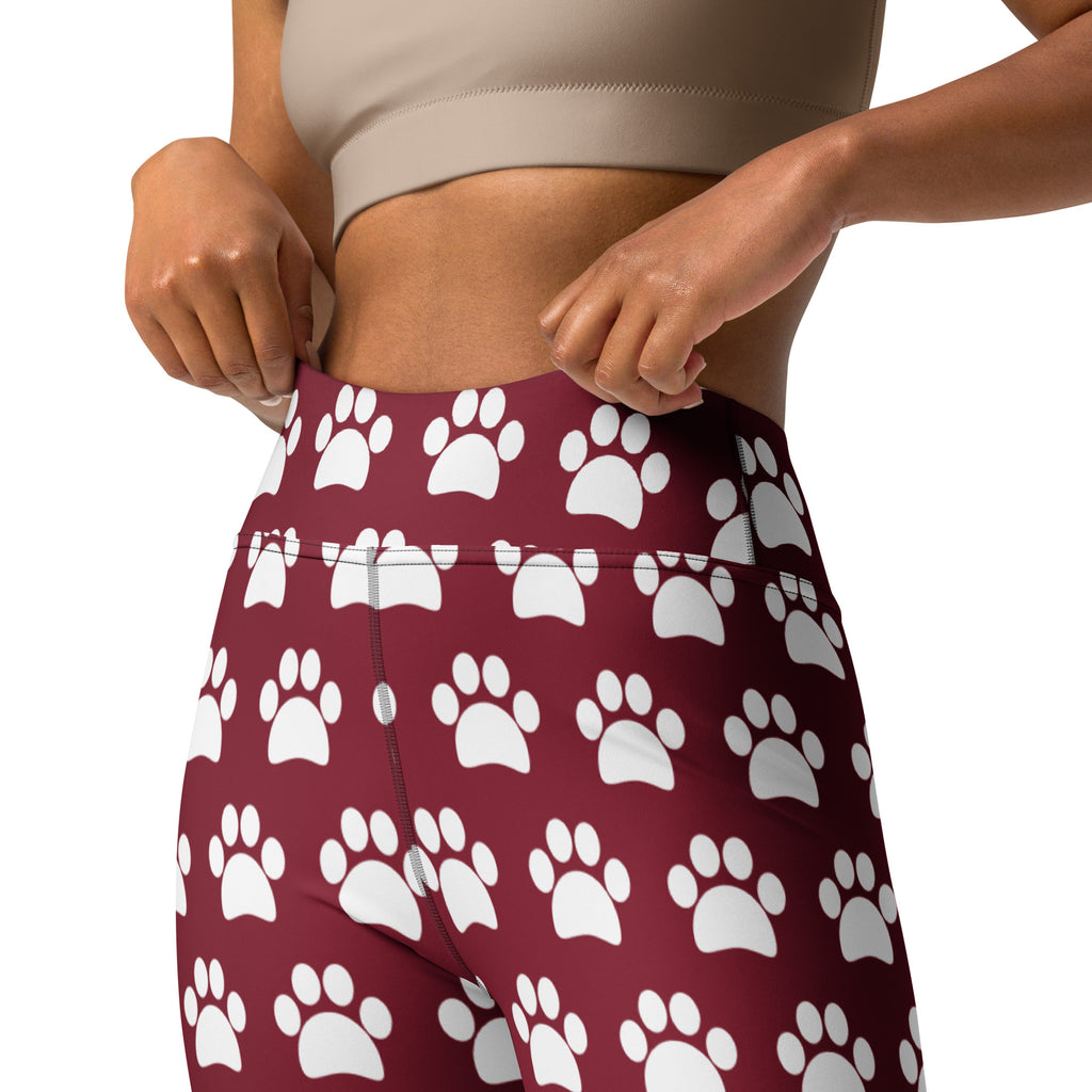 Women's Burgundy Paw Print Buttery Soft Yoga Leggings - Quick Drying, High Waisted Comfort