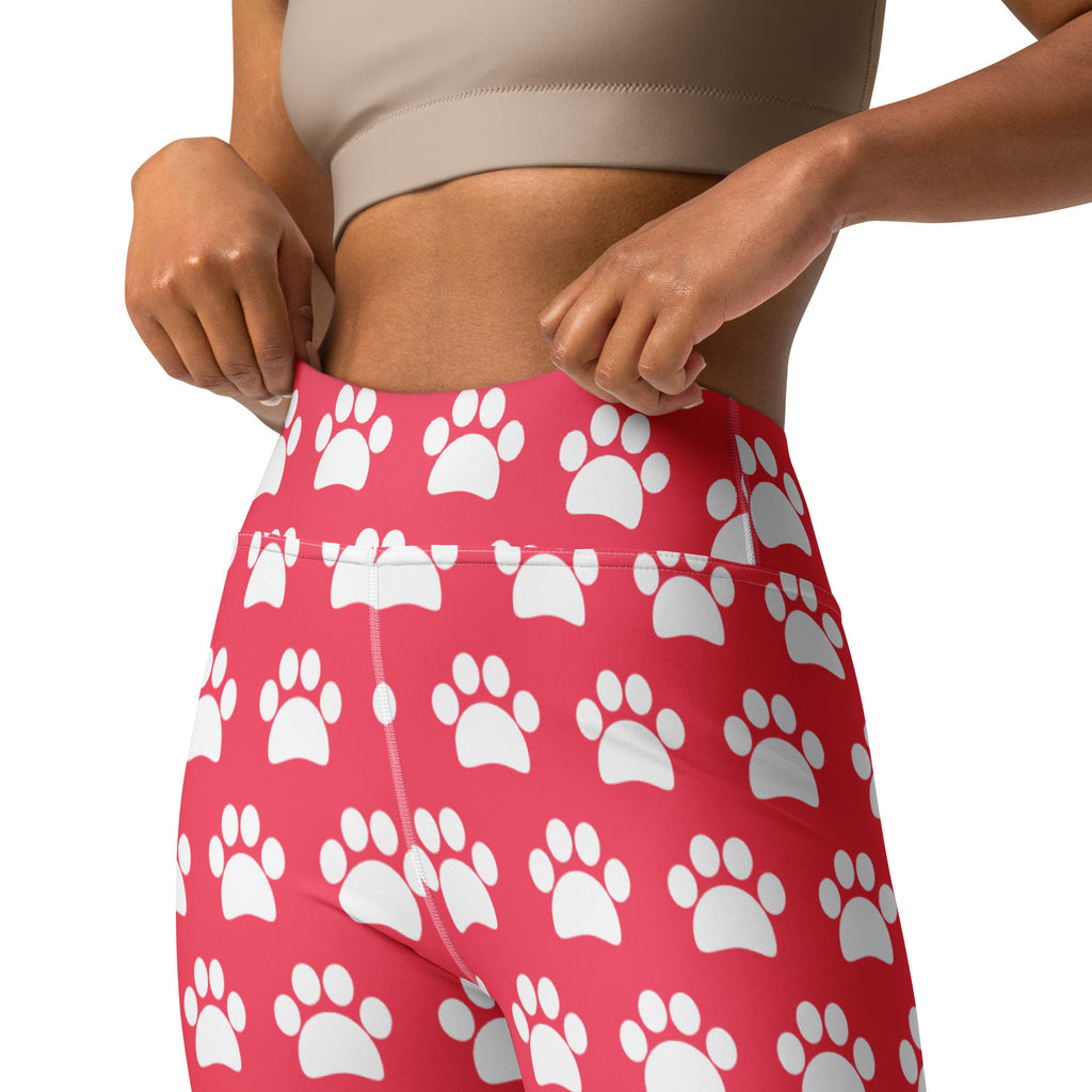 Women's Bright Pink Paw Print Buttery Soft Yoga Leggings - Quick Drying, High Waisted Comfort