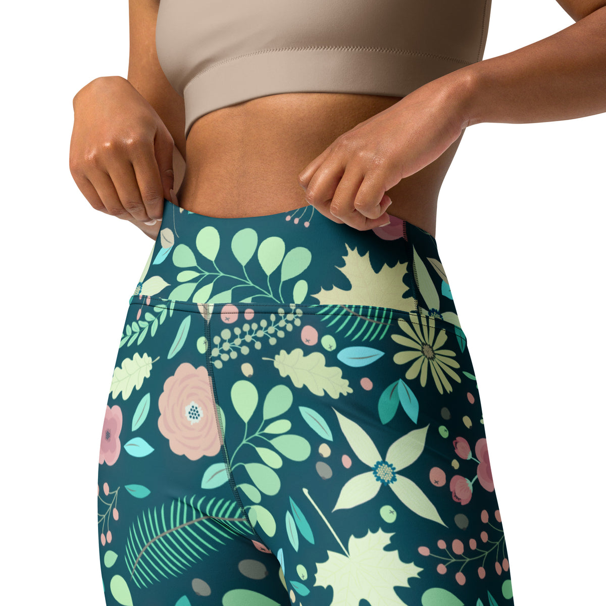 Women's Dark Green Floral Buttery Soft Yoga Leggings - Quick Drying, High Waisted Comfort