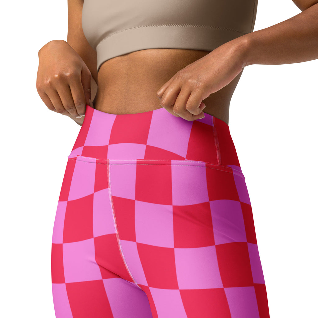 Women's Hot Pink Wavy Checkered Buttery Soft Yoga Leggings - Quick Drying, High Waisted Comfort