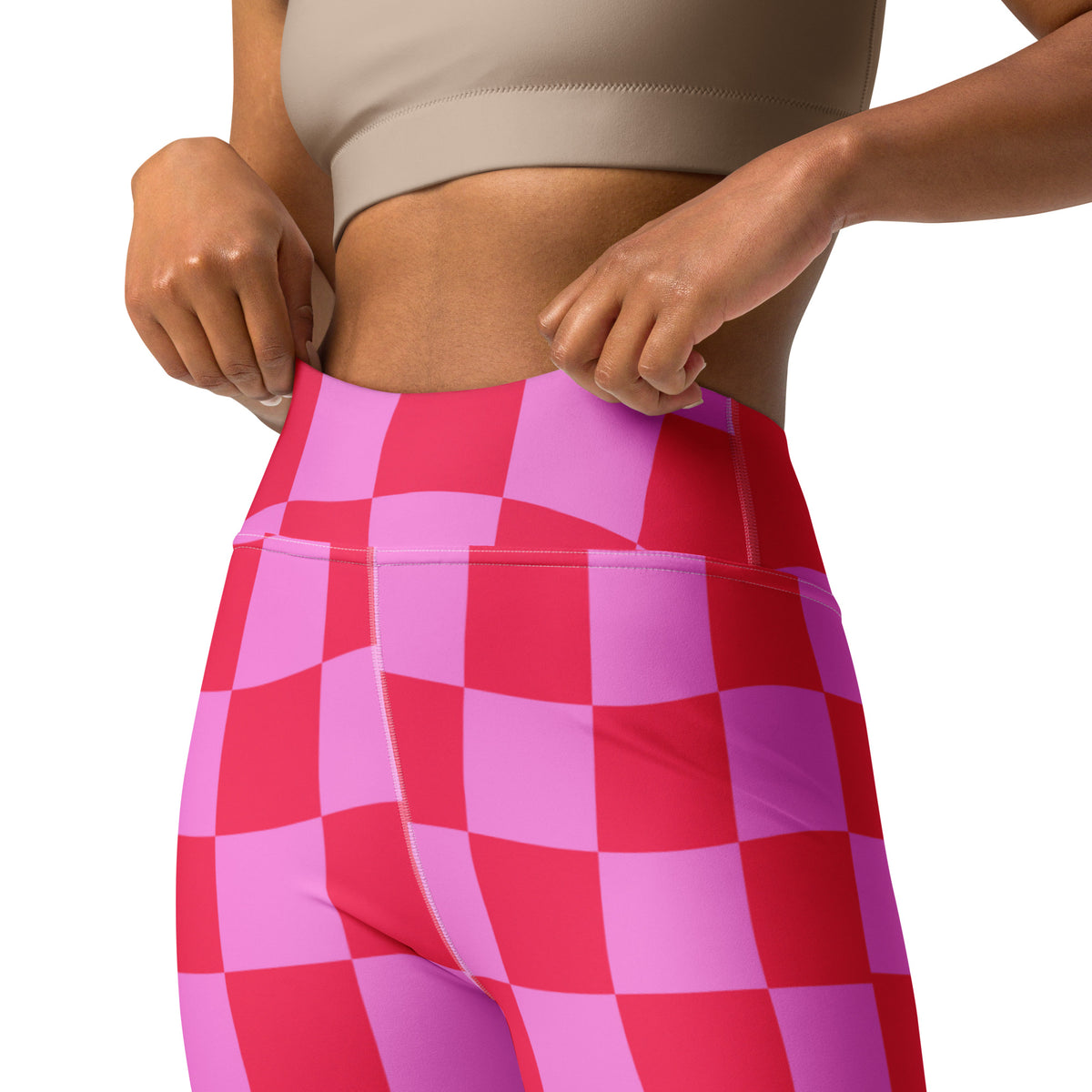 Women's Hot Pink Wavy Checkered Buttery Soft Yoga Leggings - Quick Drying, High Waisted Comfort