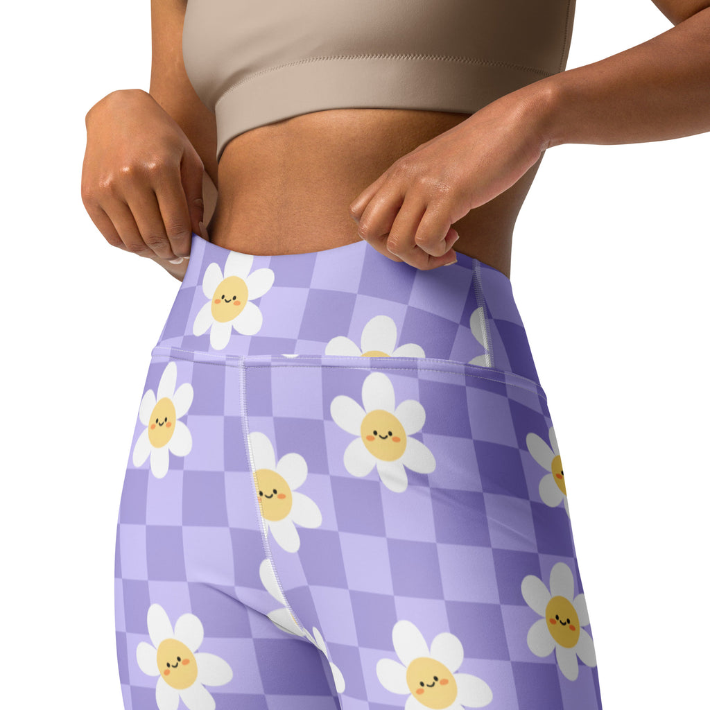 Women's Purple Daisy Checkered Buttery Soft Yoga Leggings - Quick Drying, High Waisted Comfort
